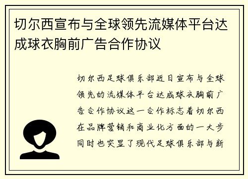 切尔西宣布与全球领先流媒体平台达成球衣胸前广告合作协议